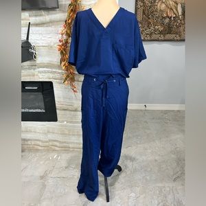 Healing Hands V Neck Scrub 5 Piece Bundle. Blue & Grey 2 Set + Pant. Sizes L/XL